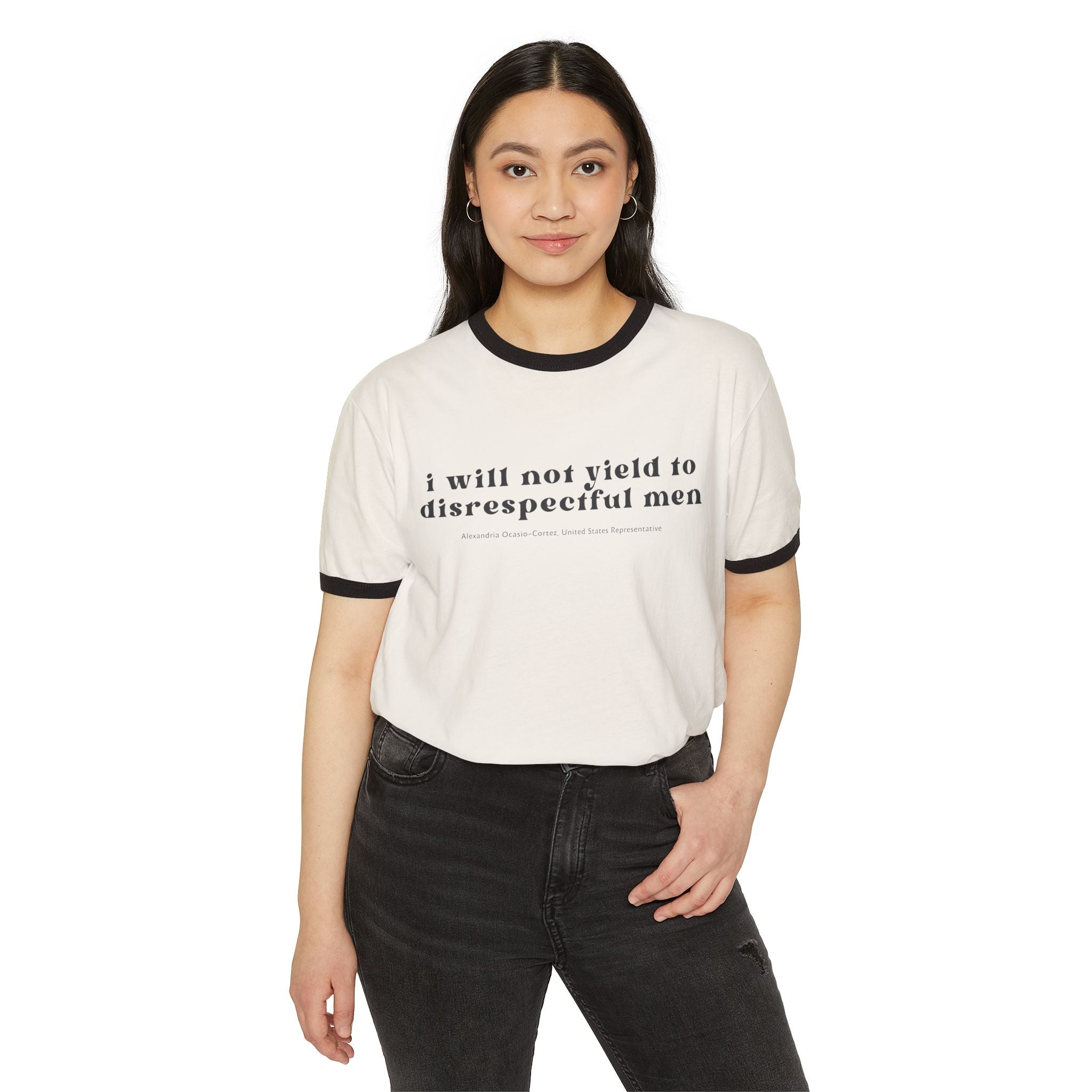 "I Will Not Yield" AOC Quote Ringer Unisex Tee,