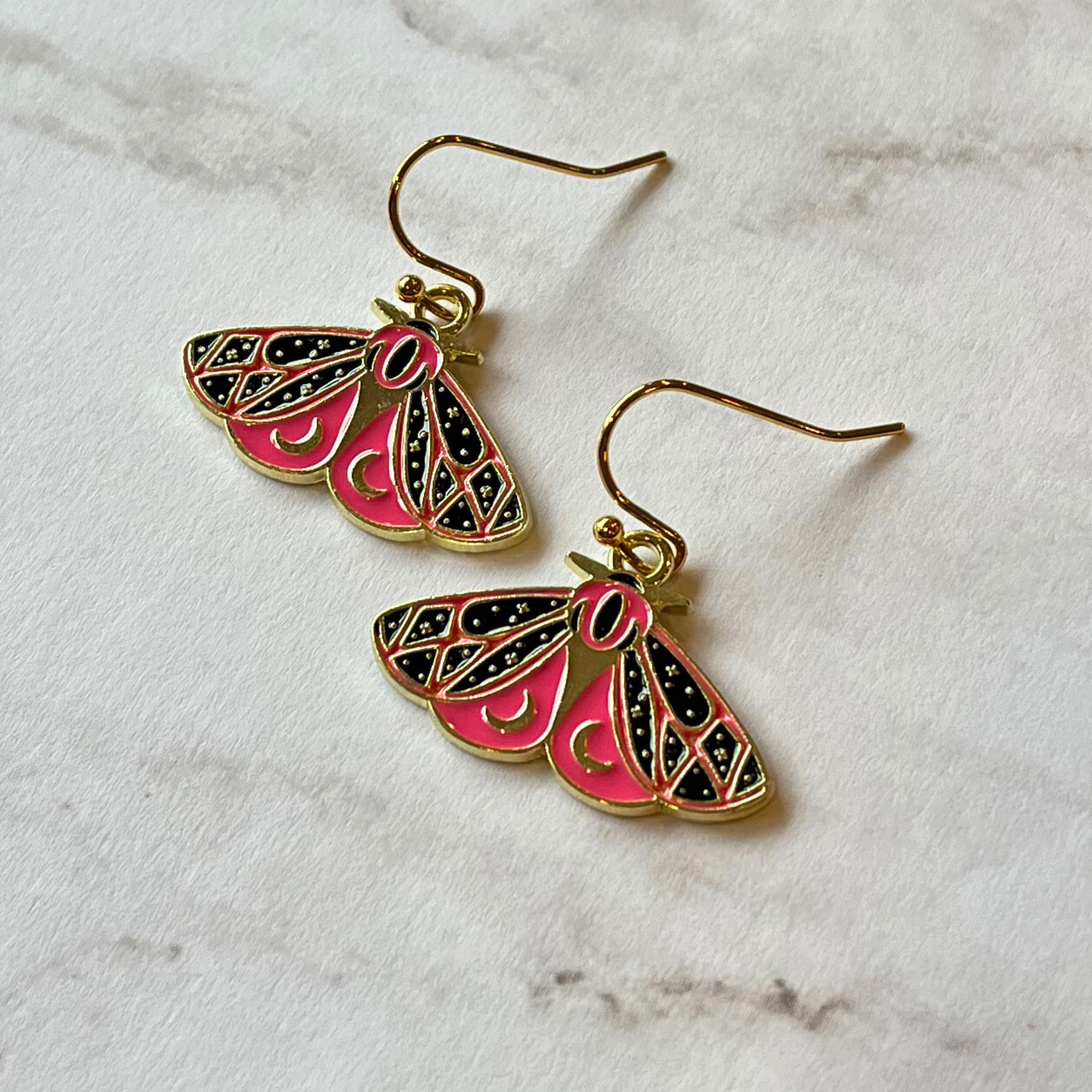Enamel Pink Moth and Crescent Moon Earrings