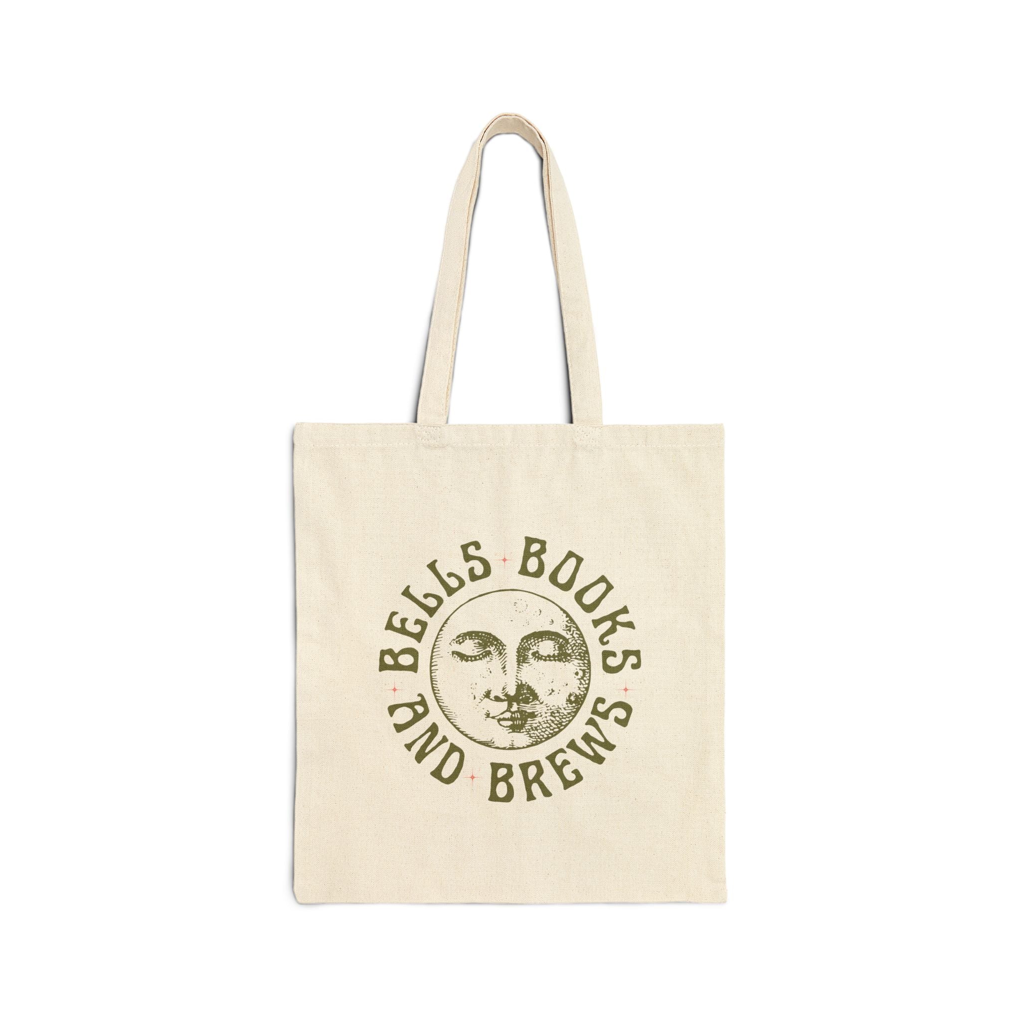 Witchy Tote Bag, Bells Books and Brews Cotton Bag with Full Moon Face, Witchcraft Market Bag for Books, Spells, and Rituals