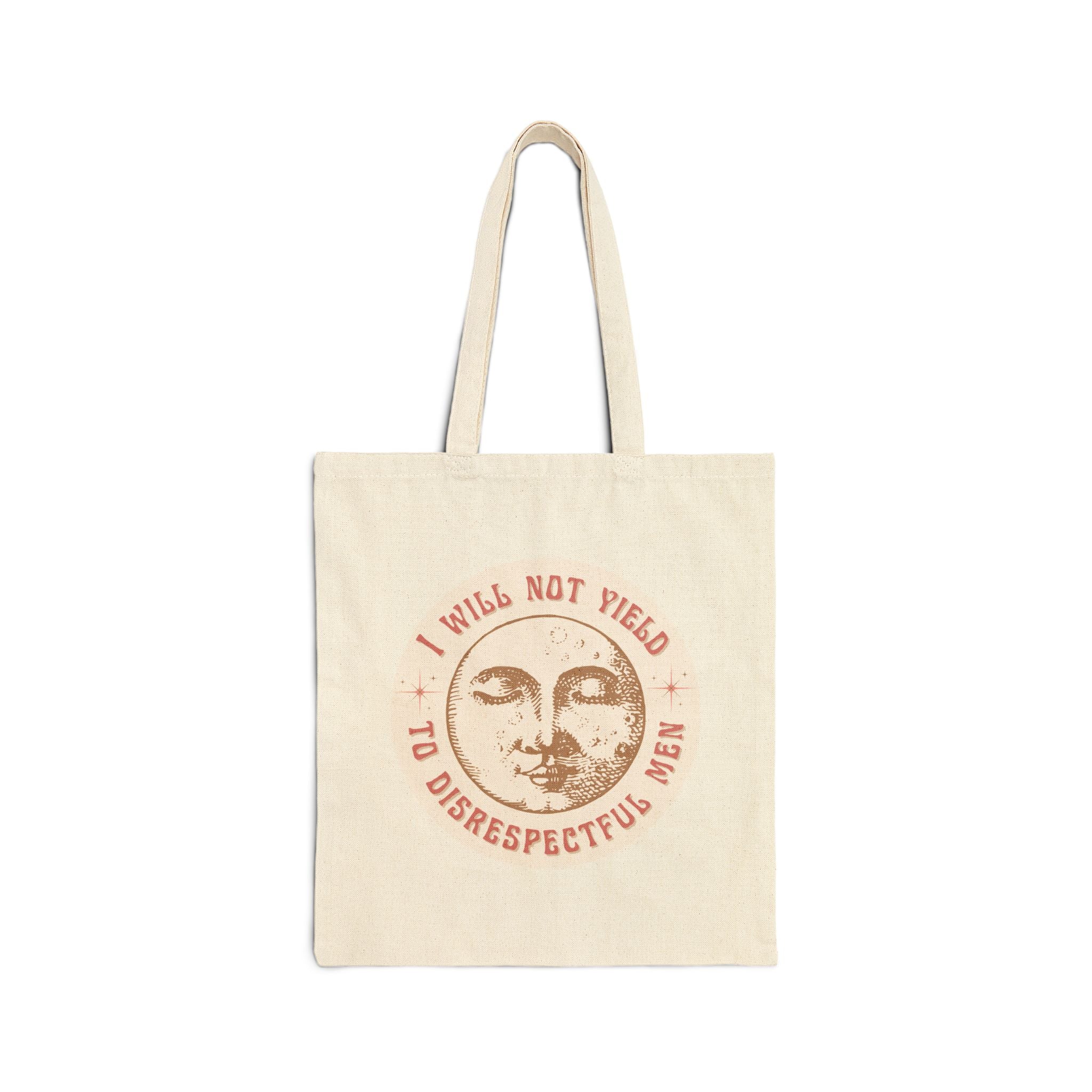 Feminist Tote Bag, I Will Not Yield to Disrespectful Men Quote with Full Moon, AOC Witchy Cotton Bag in Natural or Black