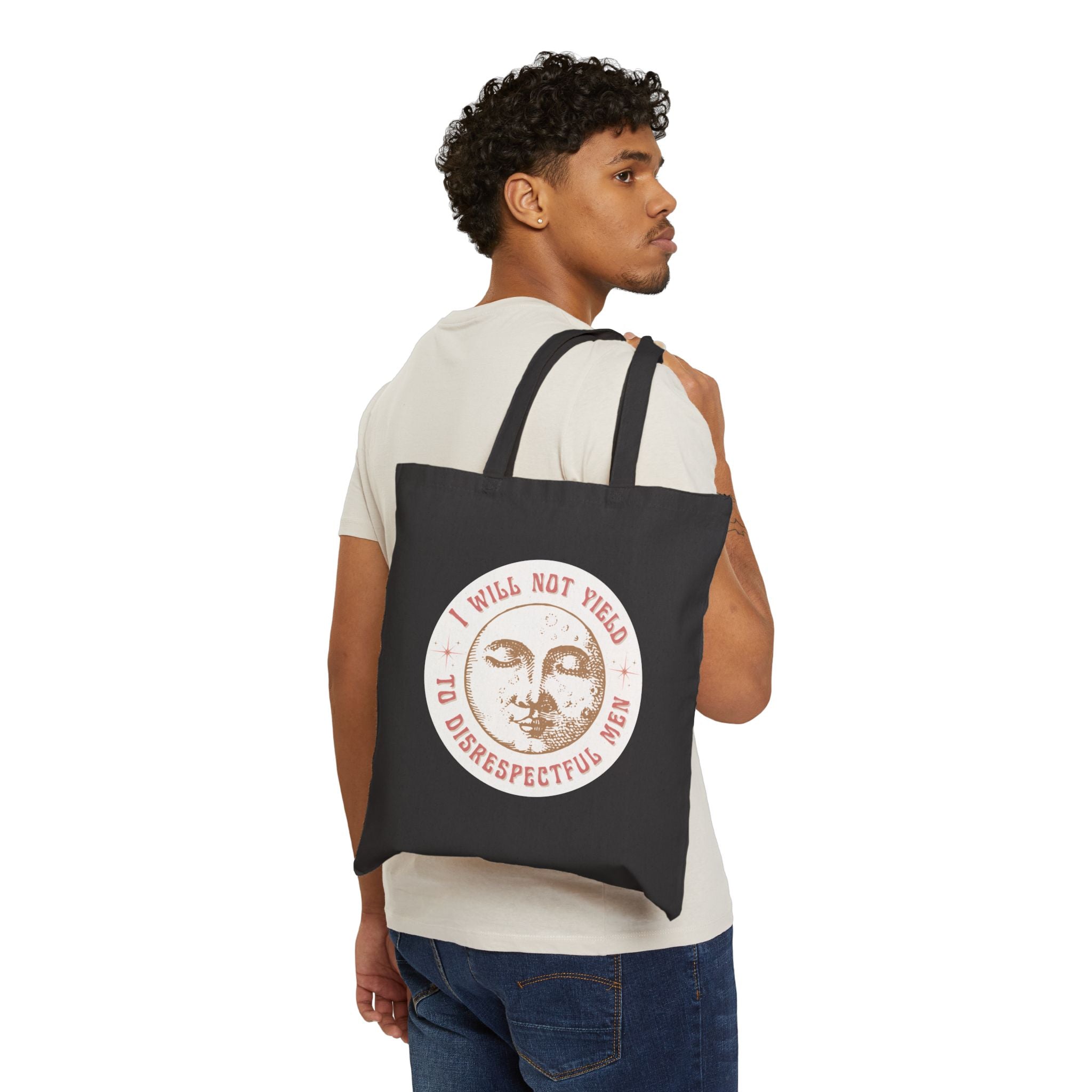 Feminist Tote Bag, I Will Not Yield to Disrespectful Men Quote with Full Moon, AOC Witchy Cotton Bag in Natural or Black
