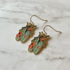 Enamel Turquoise Winged Cicada with Red Flower Design Earrings